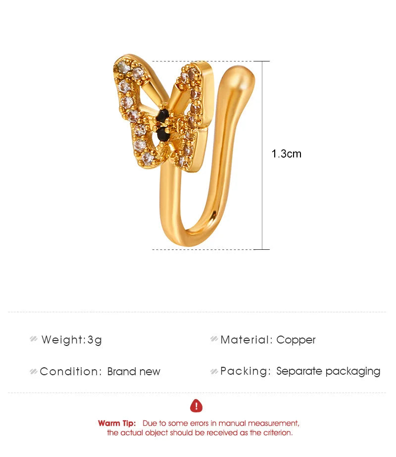 1Pcs Crystal Butterfly Fake Nose Ring Non Piercing Clip On Nose Ring Indian Style Nose Cuff Fake Piercing Septum Nariz Jewelry