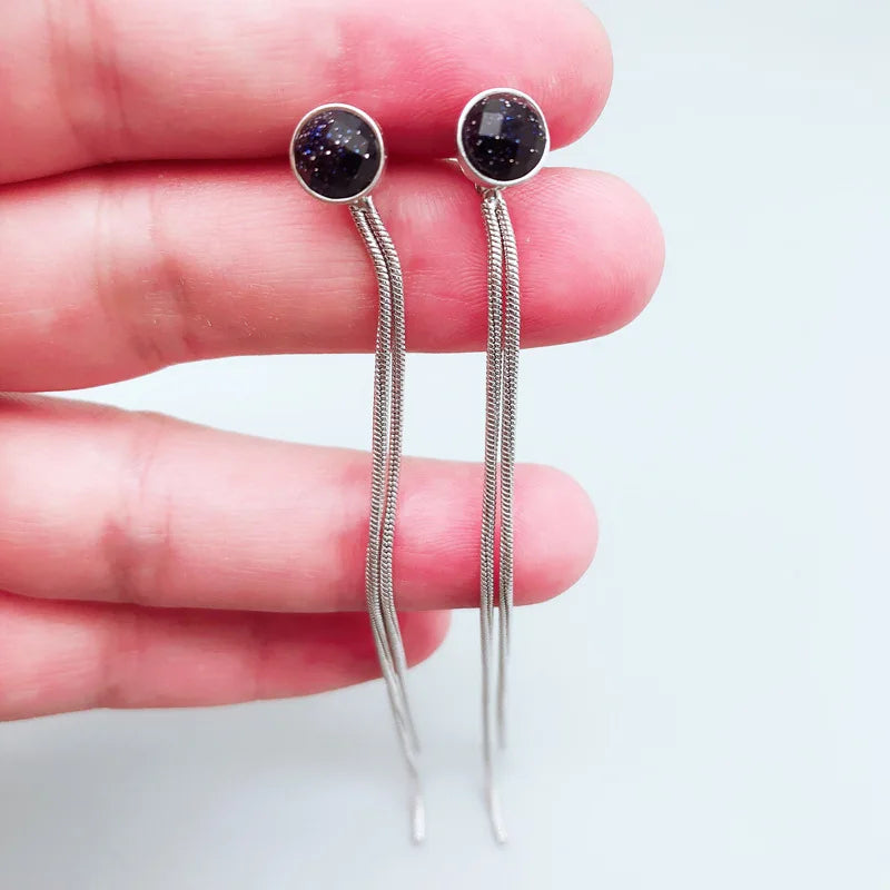 New Hot Fashion 925 Sterling Silver Round black long Earrings for Women Girls Gift Fashion Statement Jewelry