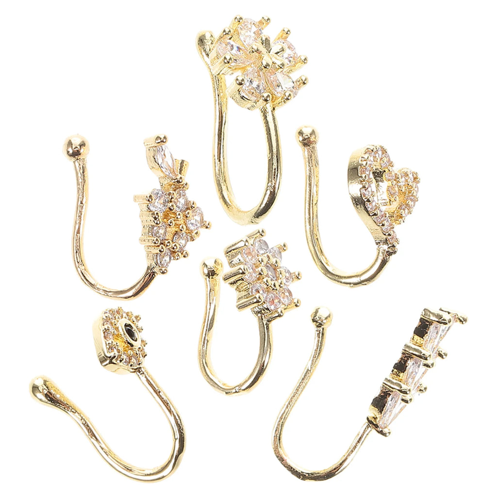 6Pcs Nose Jewelry Clip Non Piercing Adjustable Clip on Nose Cuff for Men Women Star Moon Flower Shapes Faux Ring