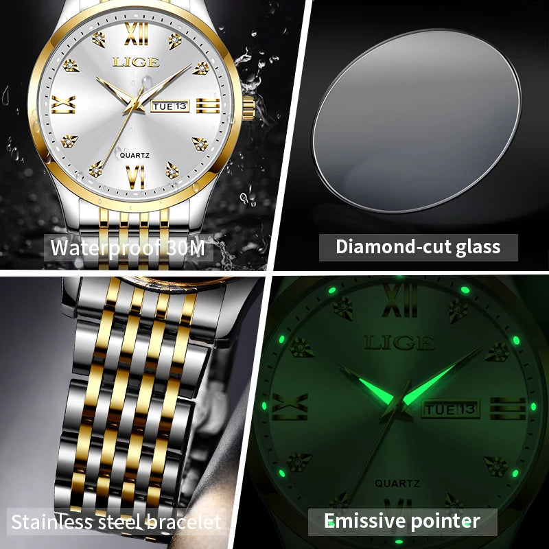 LIGE New Ladies Waterproof Watches Fashion Business Diamond Bracelet Watch For Women Simple Casual Luminous Quartz Chronograph