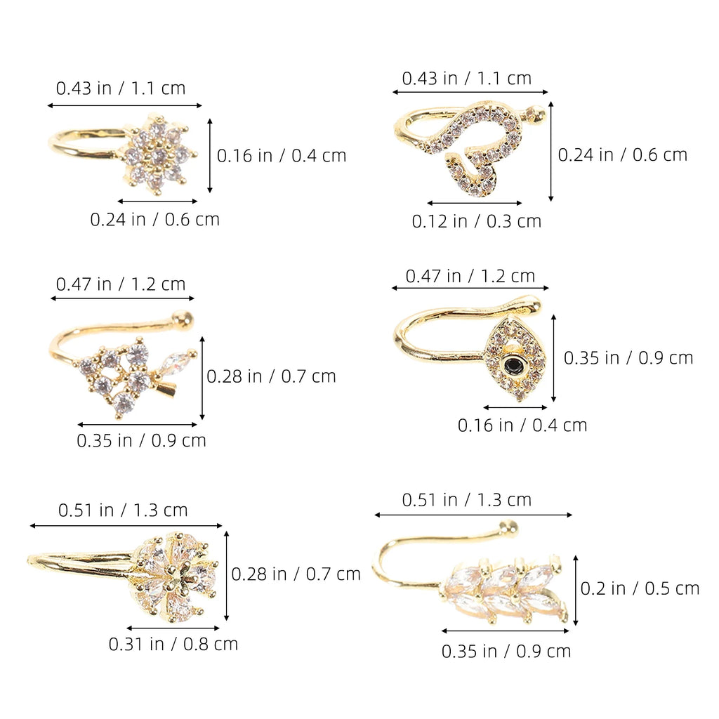 6Pcs Nose Jewelry Clip Non Piercing Adjustable Clip on Nose Cuff for Men Women Star Moon Flower Shapes Faux Ring