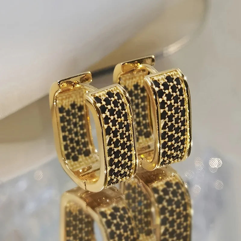 Luxury Full of Zircon Shiny Geometric Square Hoop Earrings for Women Temperament Gold Color Stainless Steel Korea Jewelry Gift