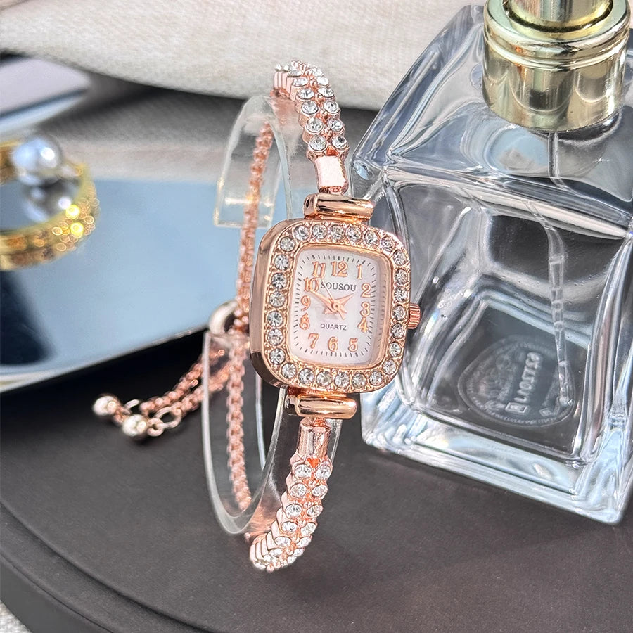 ladies' small square watch features a double-row diamond bracelet