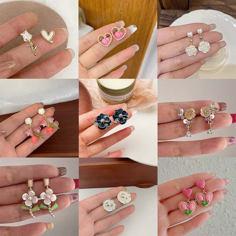 EAR CLIPS Temperament Pearl Flower Peach Heart Shaped Earrings Rose Tulips Clip on Earrings for Women Without Piercing Wholesale