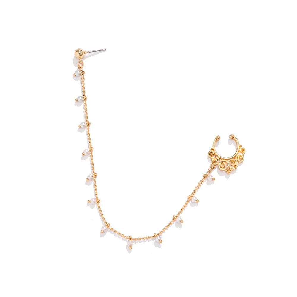 Indian Gold Color Pearl Butterfly Tassel Earrings Nose Clip Chain For Women Boho Non Pierceing Nose Ring Body Jewelry