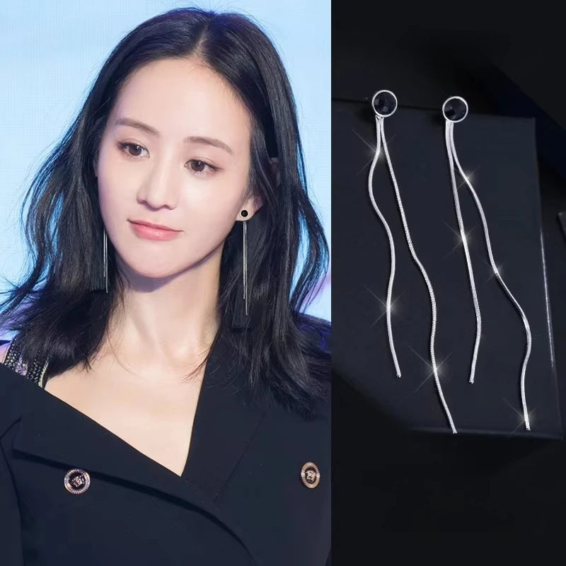 New Hot Fashion 925 Sterling Silver Round black long Earrings for Women Girls Gift Fashion Statement Jewelry