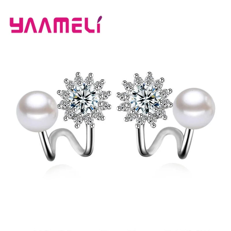 Stud Earrings for Women Girls Freshwater Pearl 925 Sterling Silver Rhinestone Ear Brncos Pendietnes Elegant Office Lady