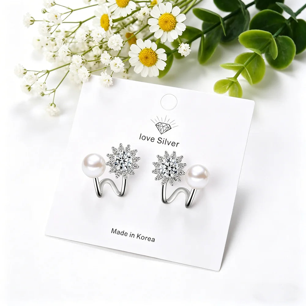 Stud Earrings for Women Girls Freshwater Pearl 925 Sterling Silver Rhinestone Ear Brncos Pendietnes Elegant Office Lady