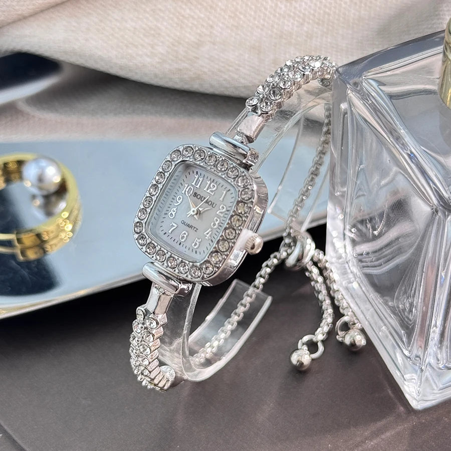 ladies' small square watch features a double-row diamond bracelet