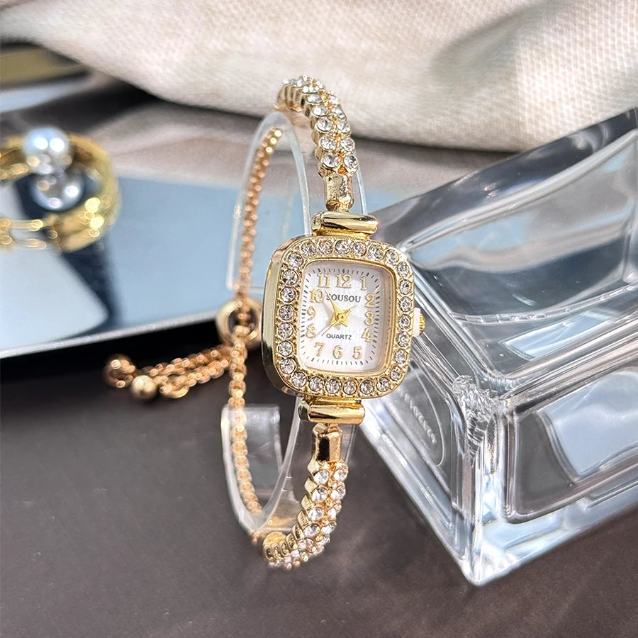 ladies' small square watch features a double-row diamond bracelet