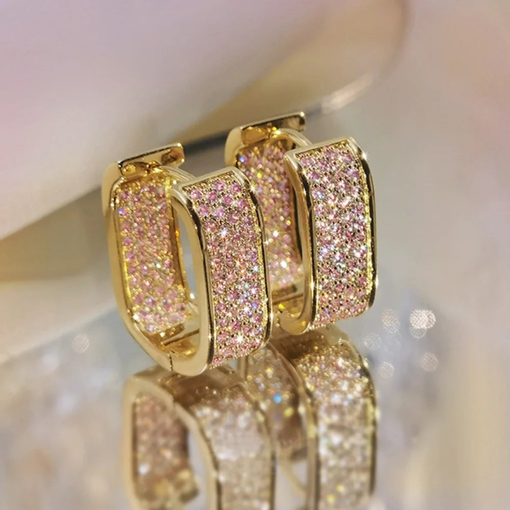 Luxury Full of Zircon Shiny Geometric Square Hoop Earrings for Women Temperament Gold Color Stainless Steel Korea Jewelry Gift