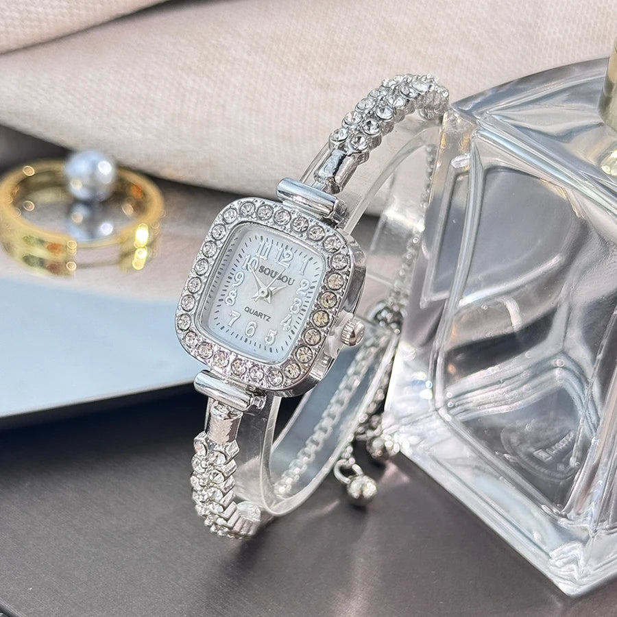 ladies' small square watch features a double-row diamond bracelet