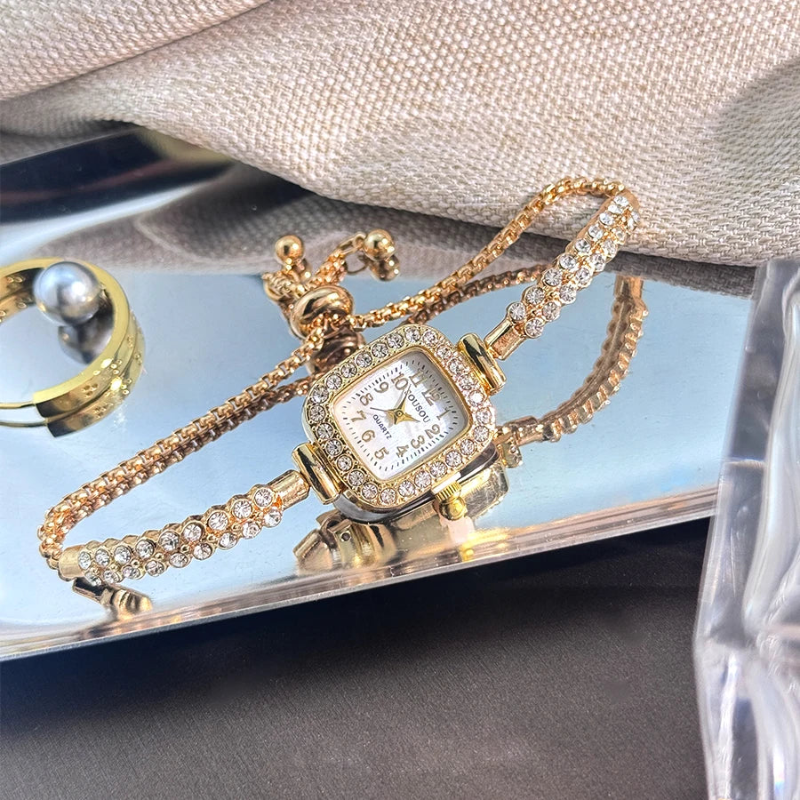 ladies' small square watch features a double-row diamond bracelet