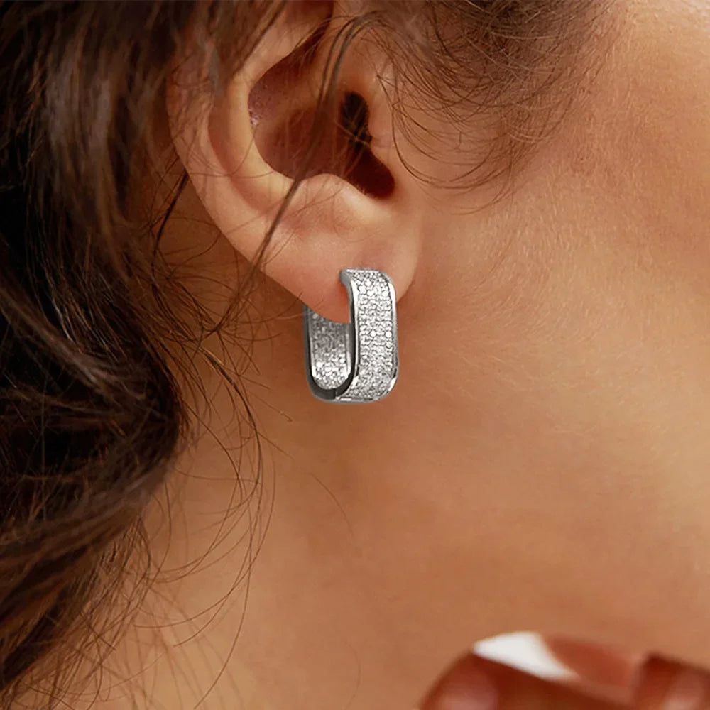 Luxury Full of Zircon Shiny Geometric Square Hoop Earrings for Women Temperament Gold Color Stainless Steel Korea Jewelry Gift