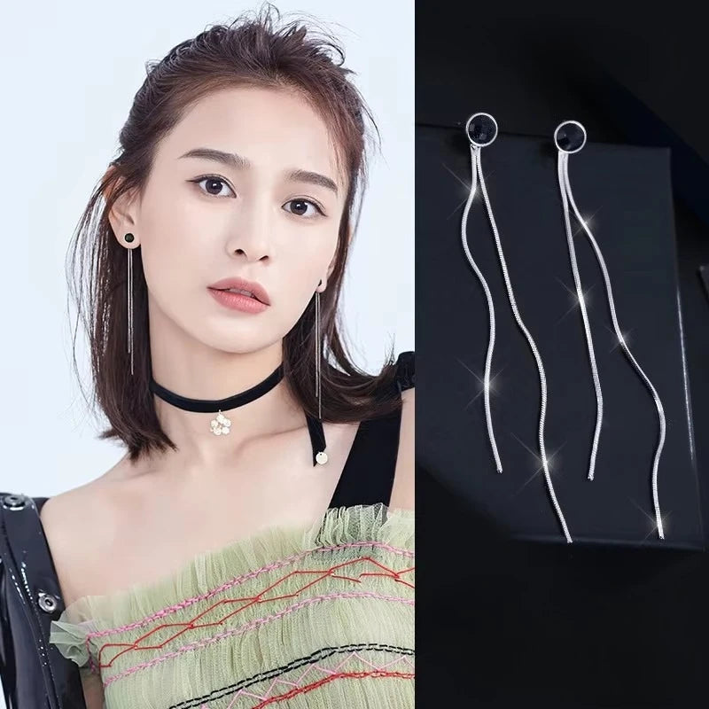 New Hot Fashion 925 Sterling Silver Round black long Earrings for Women Girls Gift Fashion Statement Jewelry