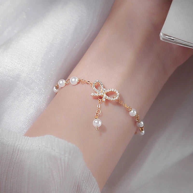 Women Bow Pearls Charm Bracelet