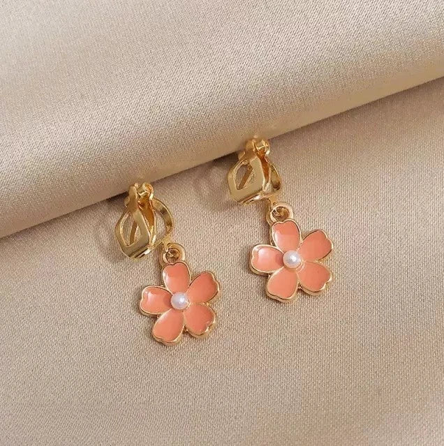 EAR CLIPS Temperament Pearl Flower Peach Heart Shaped Earrings