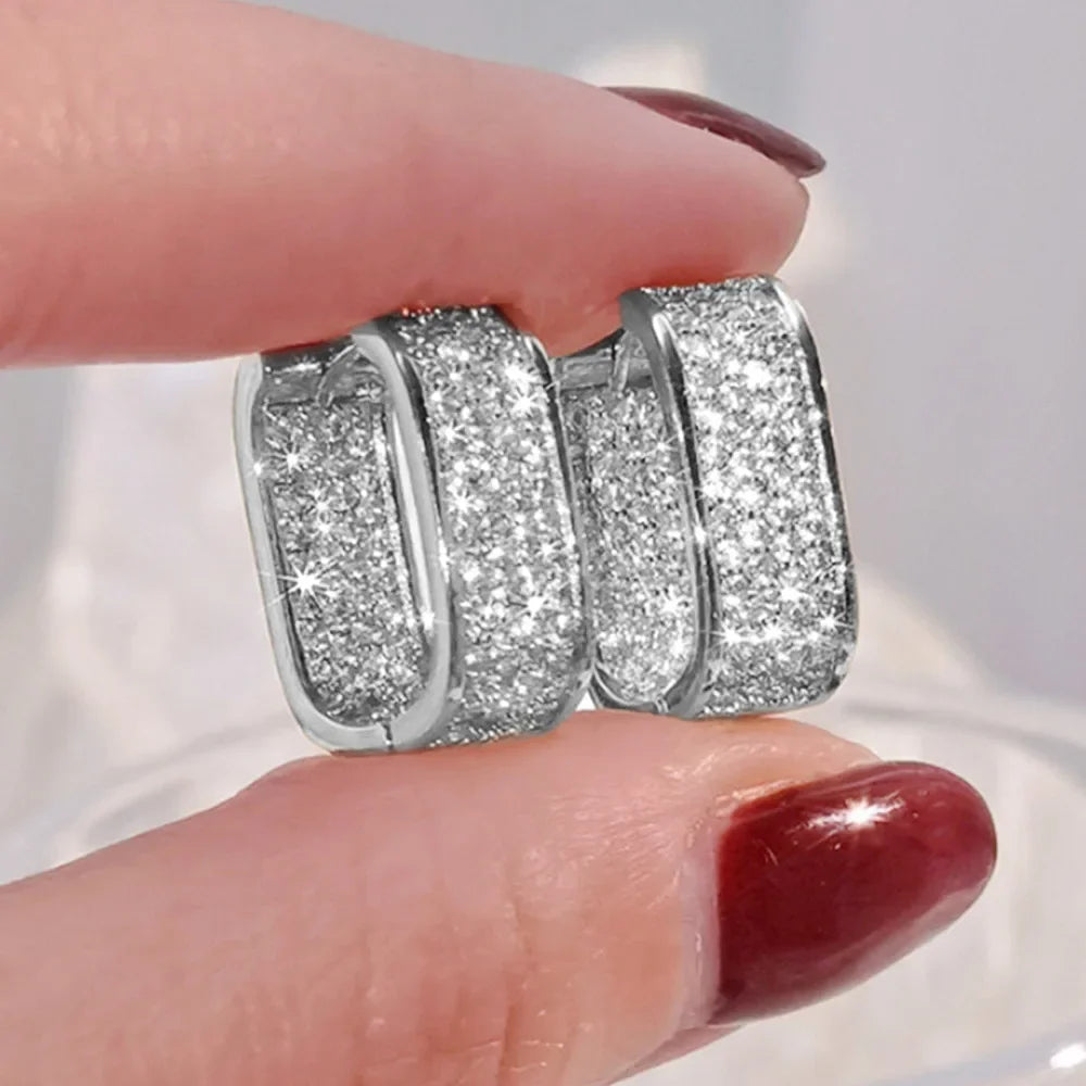 Luxury Full of Zircon Shiny Geometric Square Hoop Earrings for Women Temperament Gold Color Stainless Steel Korea Jewelry Gift