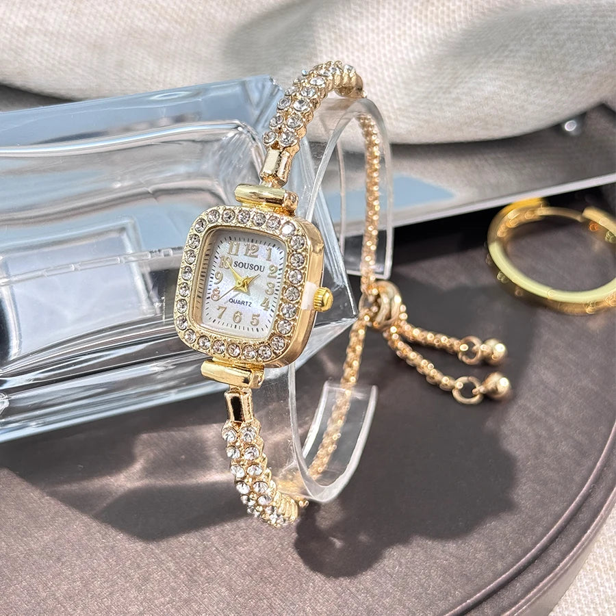 ladies' small square watch features a double-row diamond bracelet