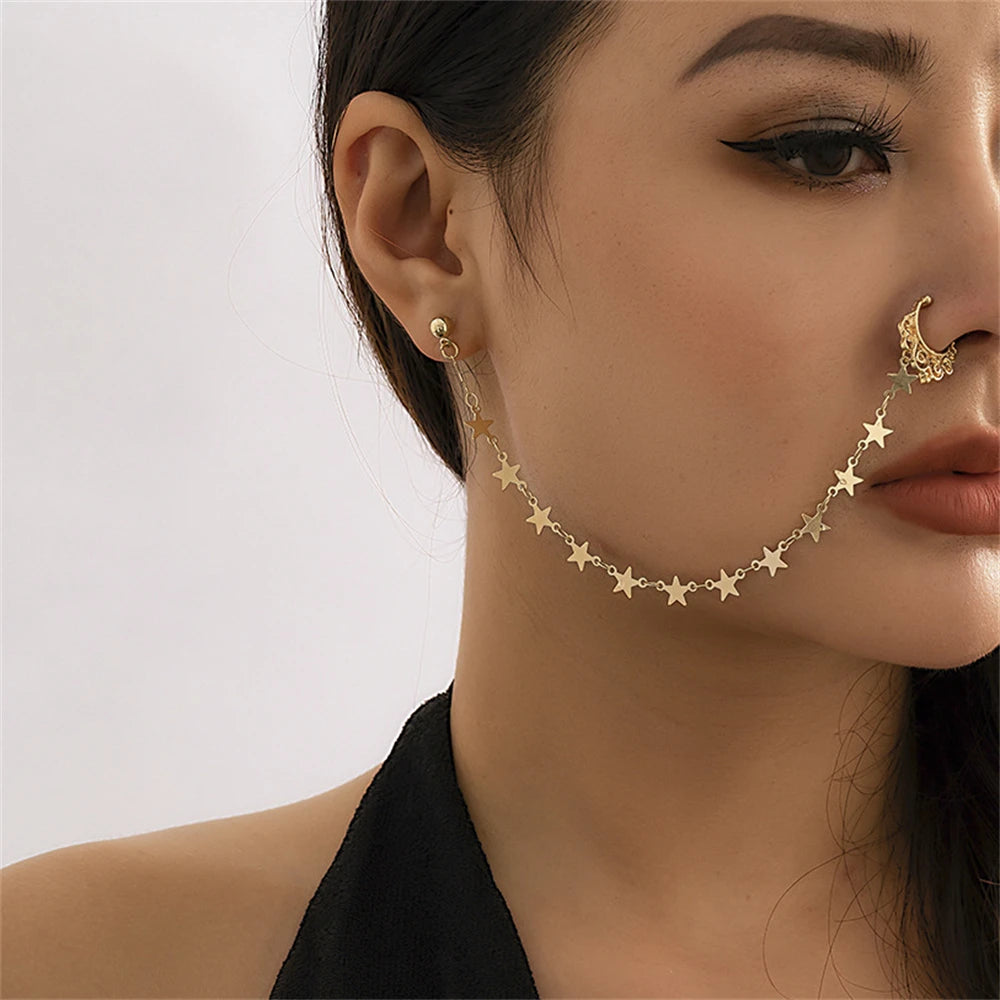 Indian Gold Color Pearl Butterfly Tassel Earrings Nose Clip Chain For Women Boho Non Pierceing Nose Ring Body Jewelry
