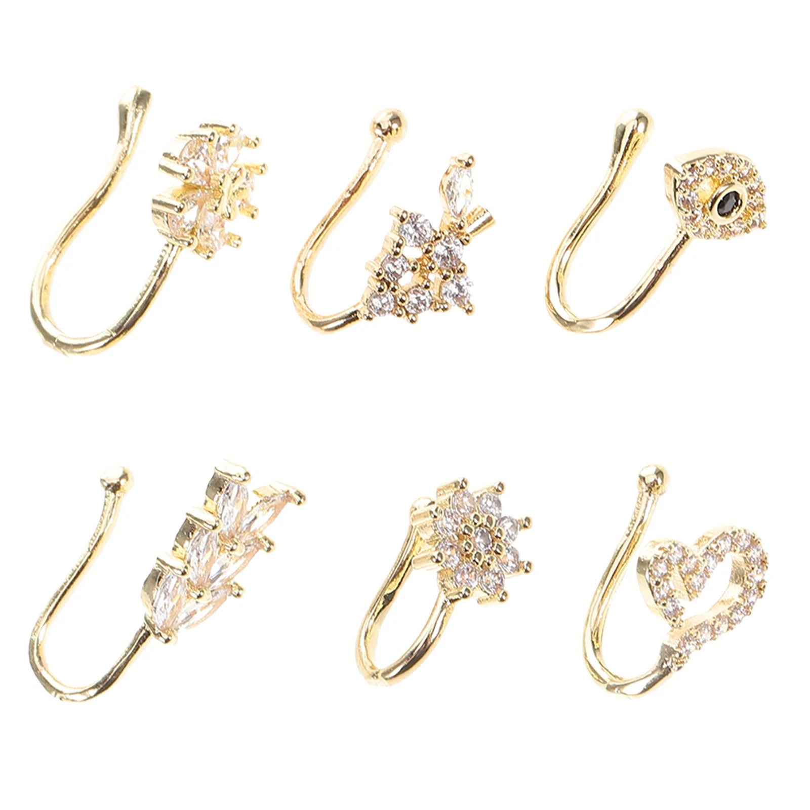 6Pcs Nose Jewelry Clip Non Piercing Adjustable Clip on Nose Cuff for Men Women Star Moon Flower Shapes Faux Ring