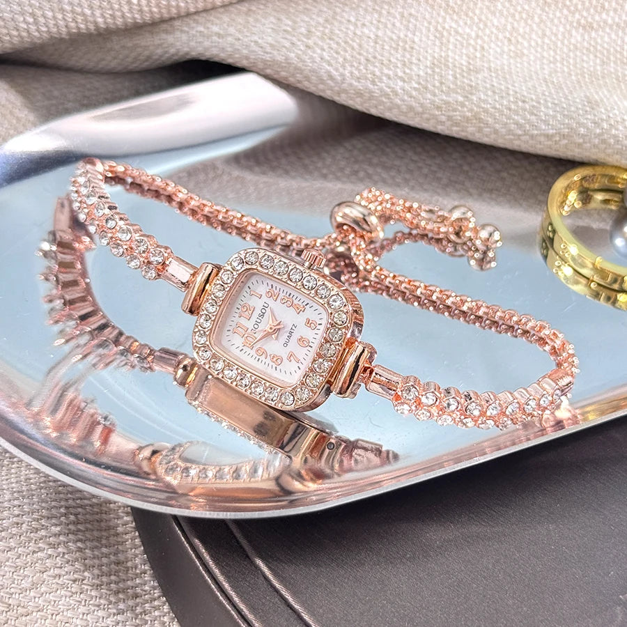 ladies' small square watch features a double-row diamond bracelet