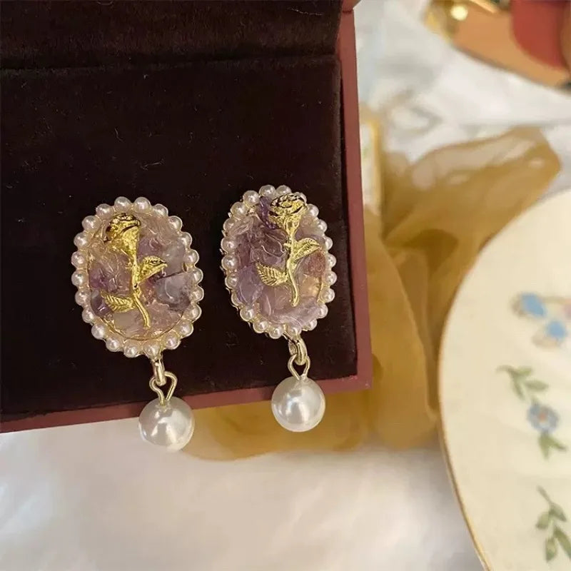 EAR CLIPS Temperament Pearl Flower Peach Heart Shaped Earrings