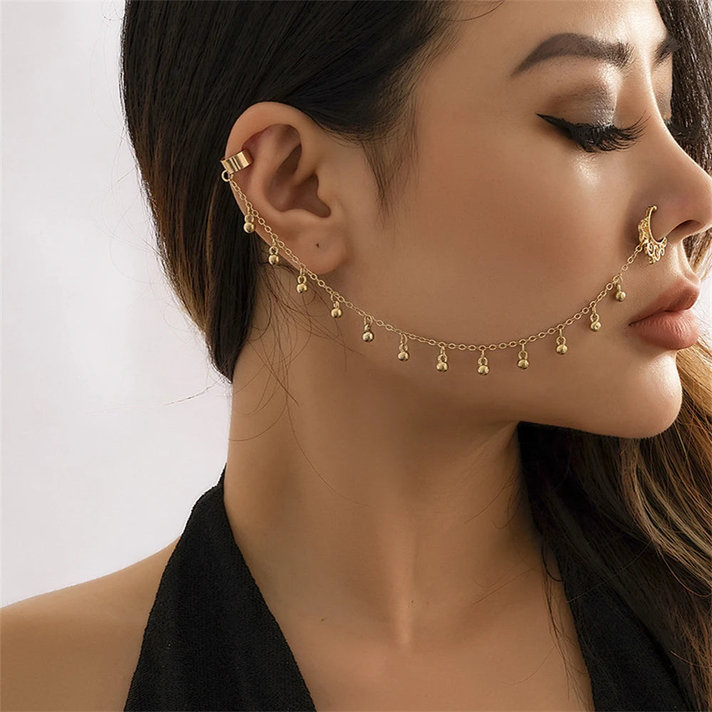 Indian Gold Color Pearl Butterfly Tassel Earrings Nose Clip Chain For Women Boho Non Pierceing Nose Ring Body Jewelry