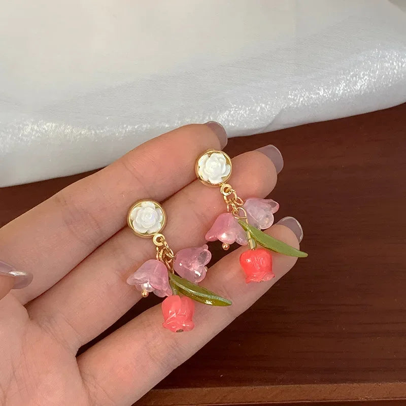 EAR CLIPS Temperament Pearl Flower Peach Heart Shaped Earrings
