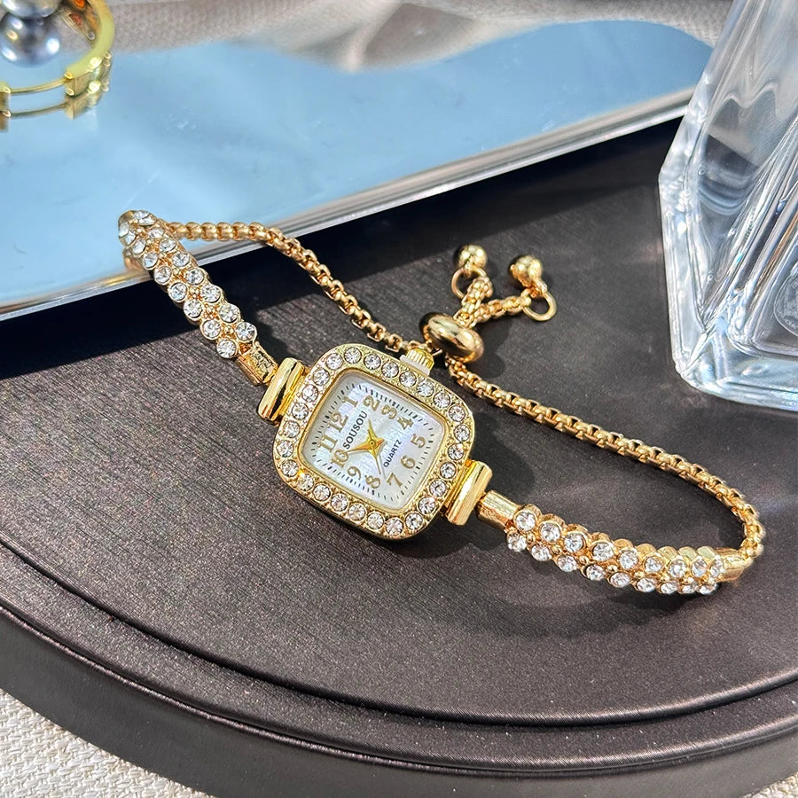 ladies' small square watch features a double-row diamond bracelet