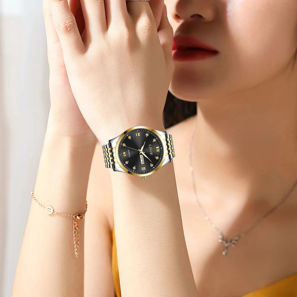 LIGE New Ladies Waterproof Watches Fashion Business Diamond Bracelet Watch For Women Simple Casual Luminous Quartz Chronograph