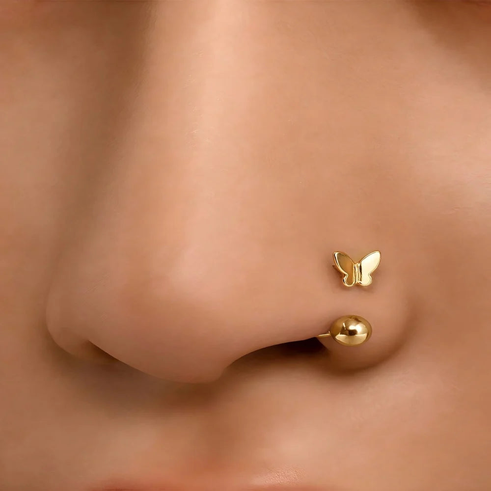 1Pc Simple Butterfly Nose Ring, 18K Gold Plated Stainless Steel Piercing Jewelry for Women Daily Wear Body Piercing Accessory