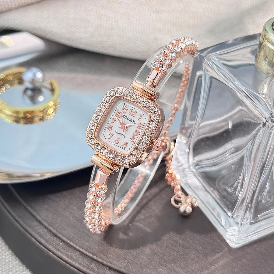 ladies' small square watch features a double-row diamond bracelet