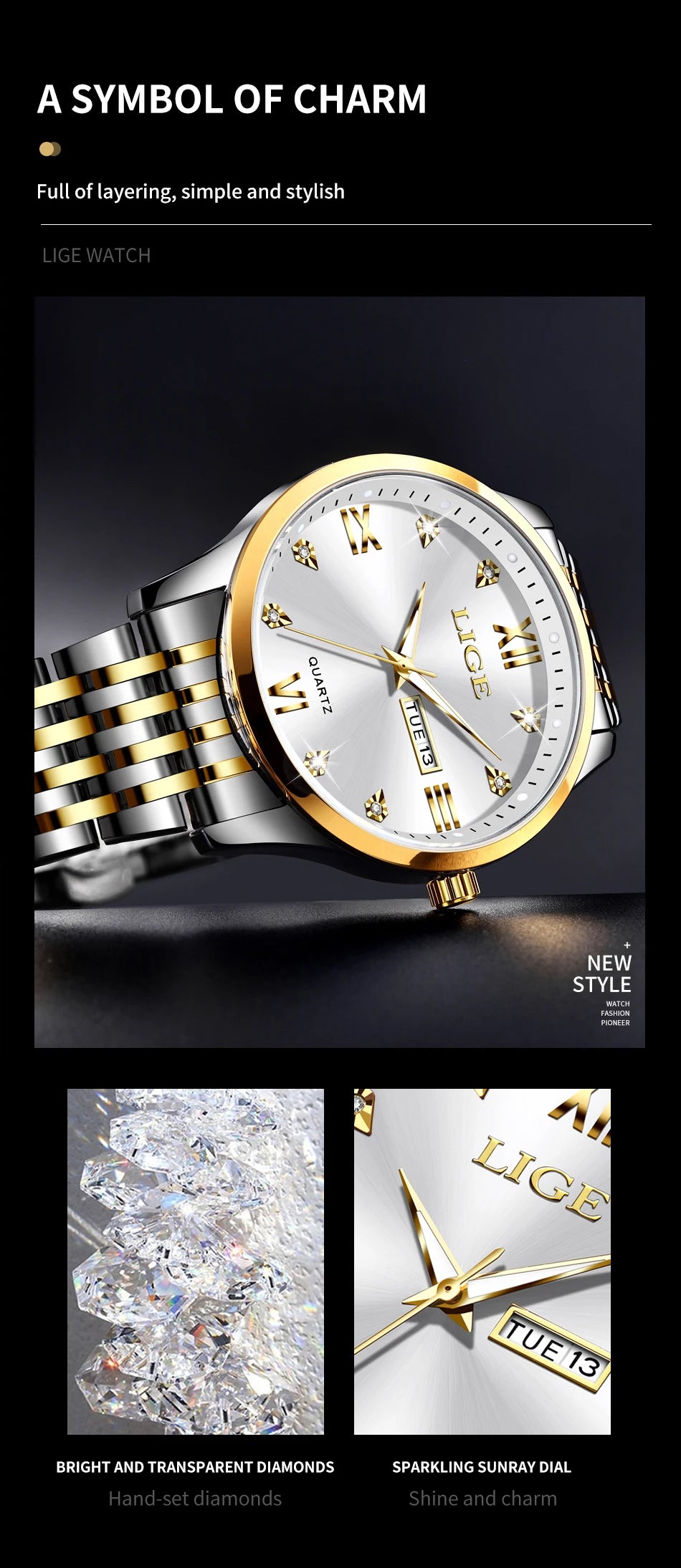 LIGE New Ladies Waterproof Watches Fashion Business Diamond Bracelet Watch For Women Simple Casual Luminous Quartz Chronograph