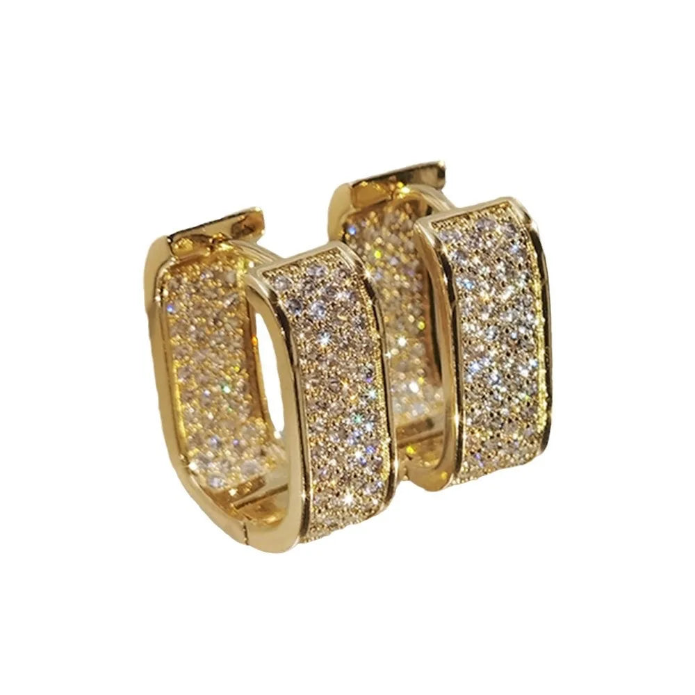 Luxury Full of Zircon Shiny Geometric Square Hoop Earrings for Women Temperament Gold Color Stainless Steel Korea Jewelry Gift