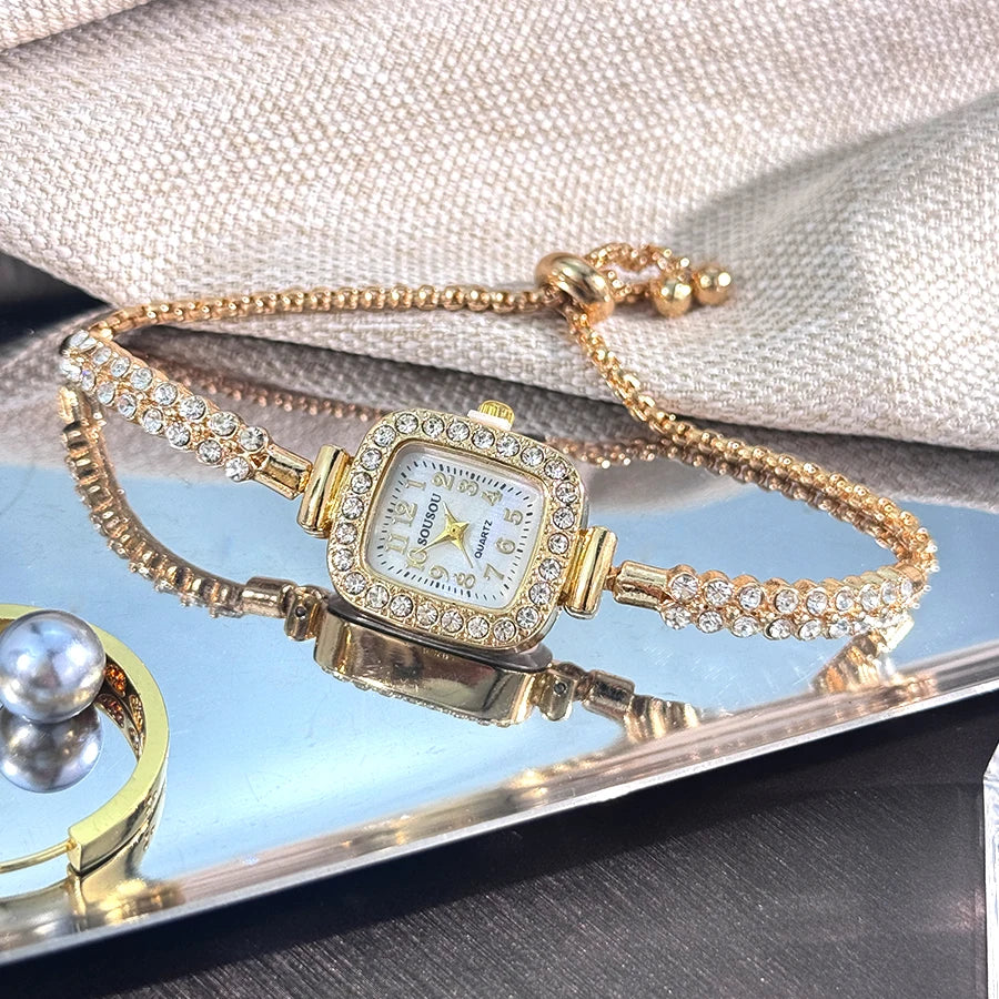 ladies' small square watch features a double-row diamond bracelet